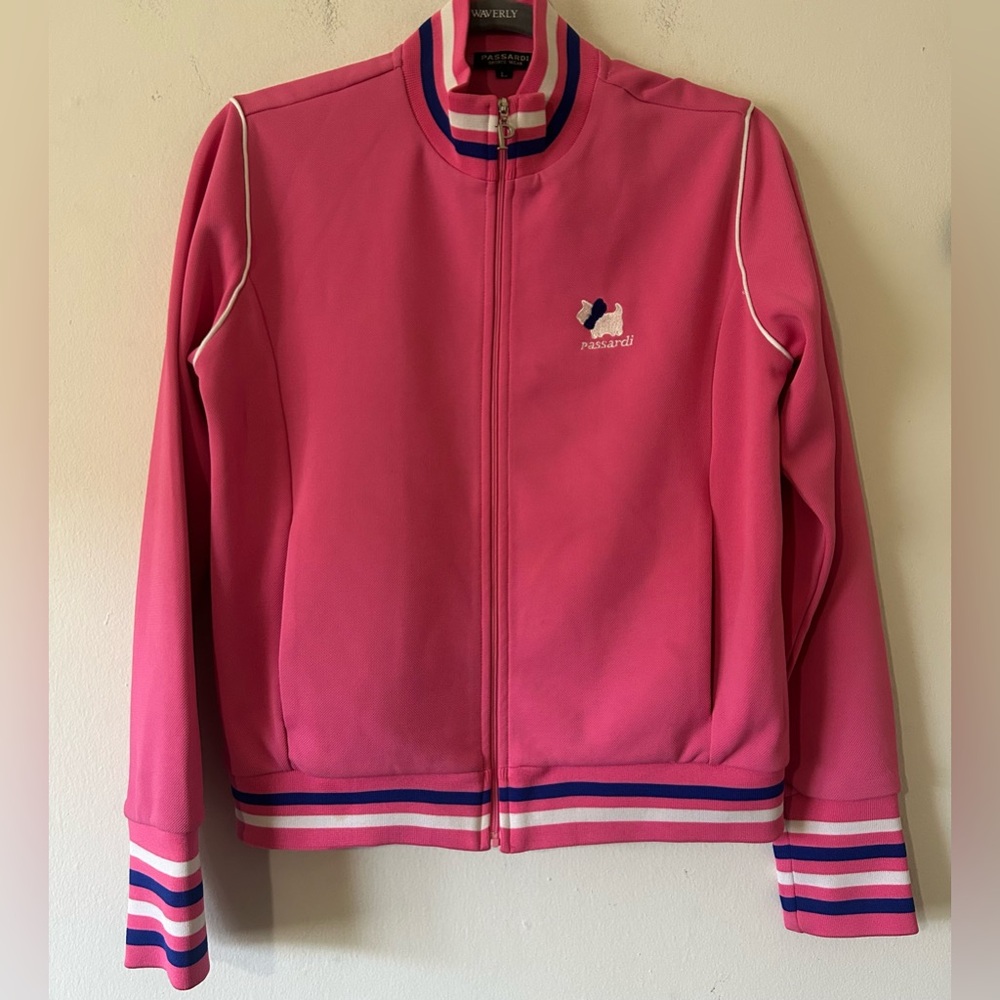 Pink Bomber Jacket with Striped Cuffs and Cute White Dog
